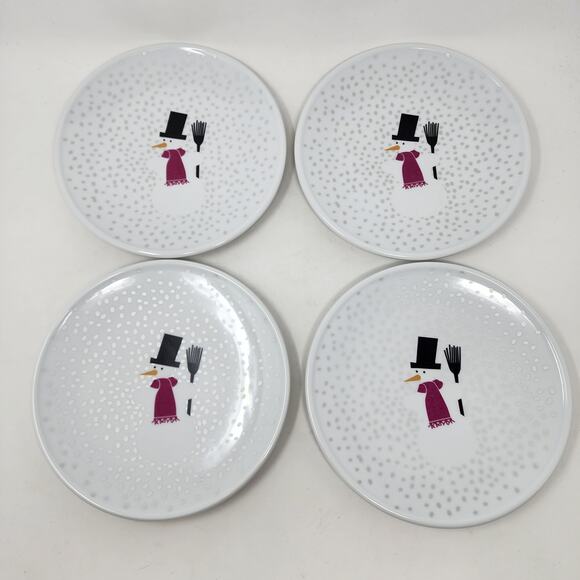 4 BODUM Salad Dessert Plates Snowman Christmas Snowflake 8.5" White W/ Silver - Picture 2 of 5